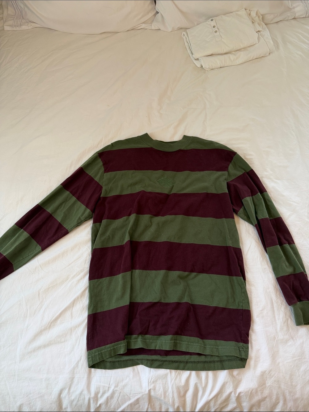 Striped Long-Sleeve Crewneck Tee in Olive & Burgundy